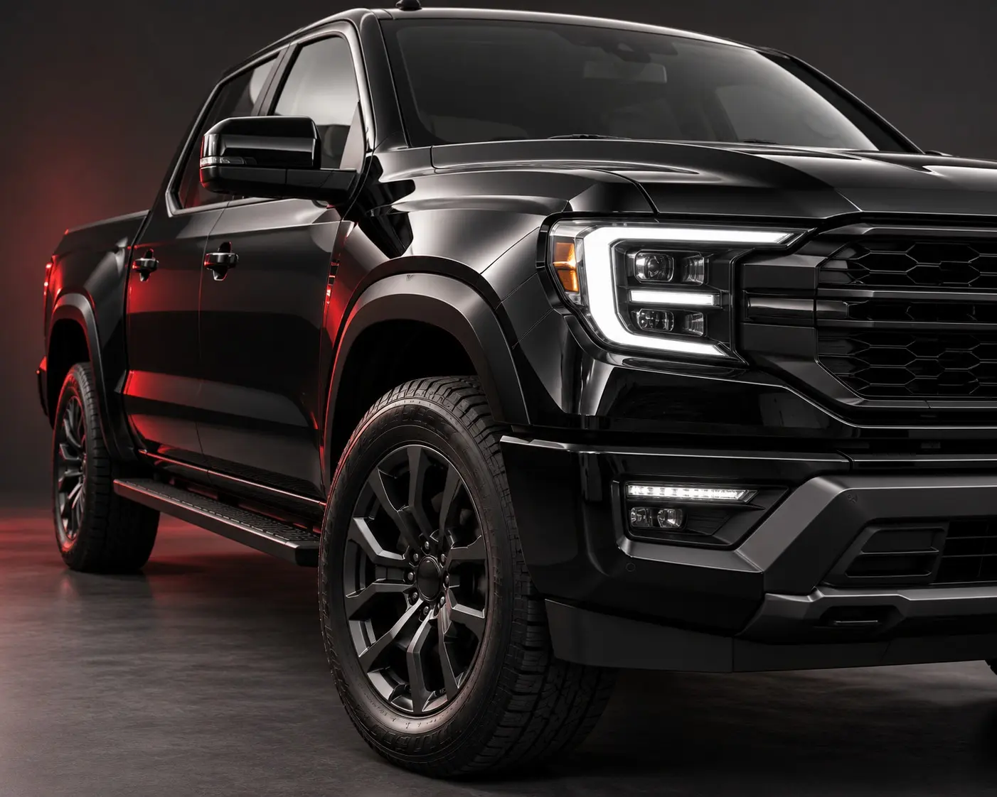 Illustrative black pickup truck detail with red studio lighting