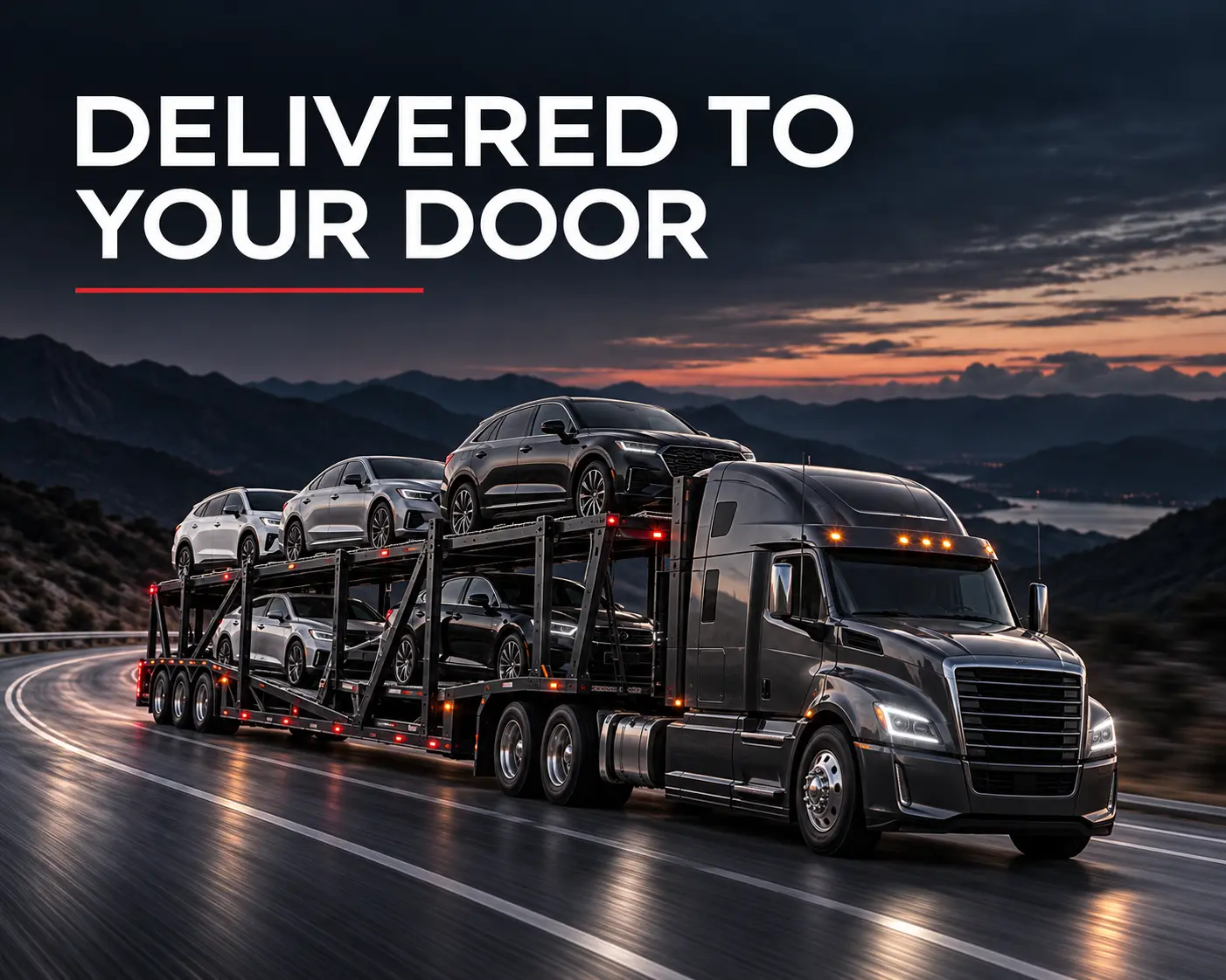 Illustrative car hauler carrying cars with the words Delivered to Your Door